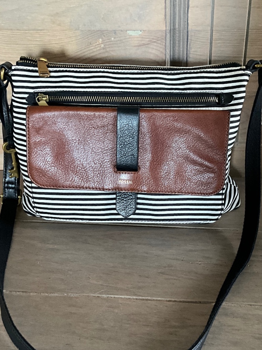 Fossil Kinley Striped Canvas Crossbody Bag Black White Leather Flap